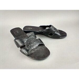 Cobbie Cuddlers Women's 10‎ Black Leather Wedge Heel Slides Sandals